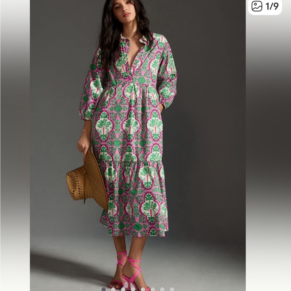 Anthropologie Maeve Bettina tiered shirt dress in pink